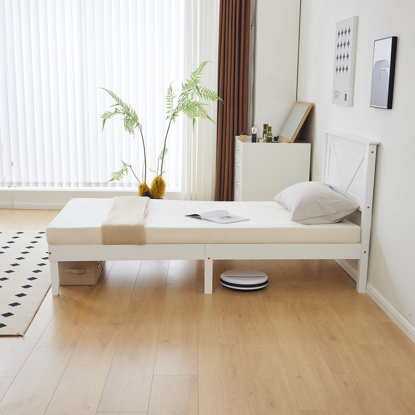 Ktaxon Twin Bed Frame Solid Wood Platform Bed Frame, Single Panel Bed with Headboard, No Box Spring Needed Panel Bed, Wood Slat Support Mattress Foundation, White