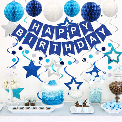 Blue Birthday Party Decorations for Men Women- Navy Blue Happy Birthday Banner with Honeycomb Balls, Star Hanging Swirl Streamer, Circle Dot Garland Decroations
