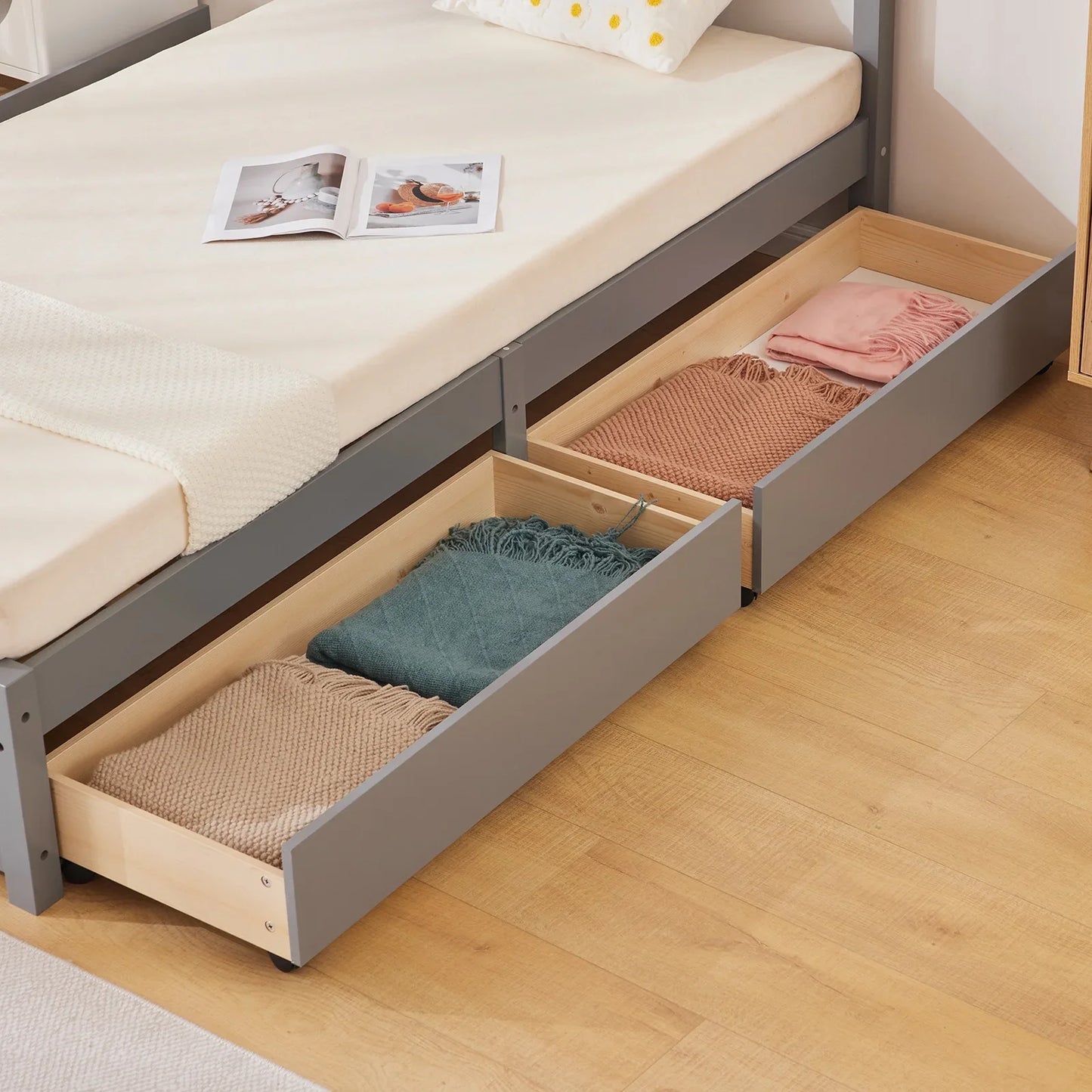 Ktaxon Wood Twin Bed with 4 Storage Drawers, Solid Wood Platform Bed with Headboard, Wooden Slats Support Mattress Foundation, No Spring Needed, Twin Bed Frame for Kids, Teens, Adults, Grey