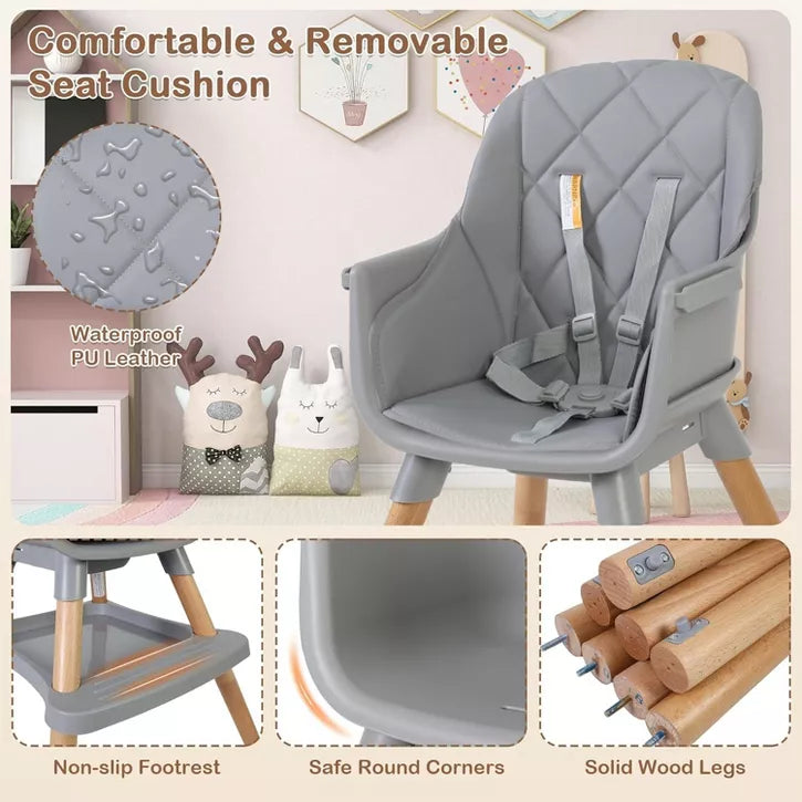 Kinder King 7 in 1 Baby High Chair Convert to Wooden Feeding Chair Removable Tray 5-Point Harness Gray