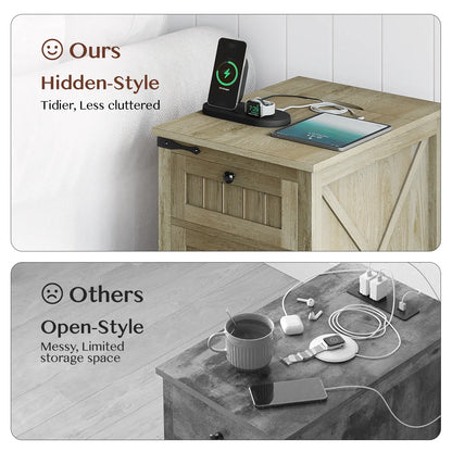 Nightstand with Charger Station,Industrial/Farmhouse End Table with Drawers & Cabinet,Side Table with Door and Storage Shelf,Side Tables for Living Room,Bedroom,Office (Light Rustic Oak X2)