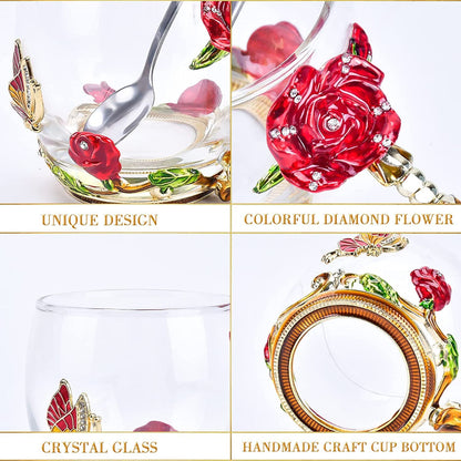 Gifts for Women Glass Coffee Enamel Mug Gifts Set, Best Birthday Butterfly Rose Gifts for Women Mom Mothers Day Valentines Day Christmas Anniversary, Lead-Free Red Tea Cup with Spoon Set
