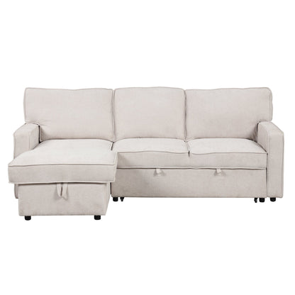 Churanty Sectional Sleeper Sofa with Pull Out Bed, L-Shape Sectional Corner Couch with Storage Chaise, Upholstered Sectional Sofa with Cup Holders for Living Room, Beige