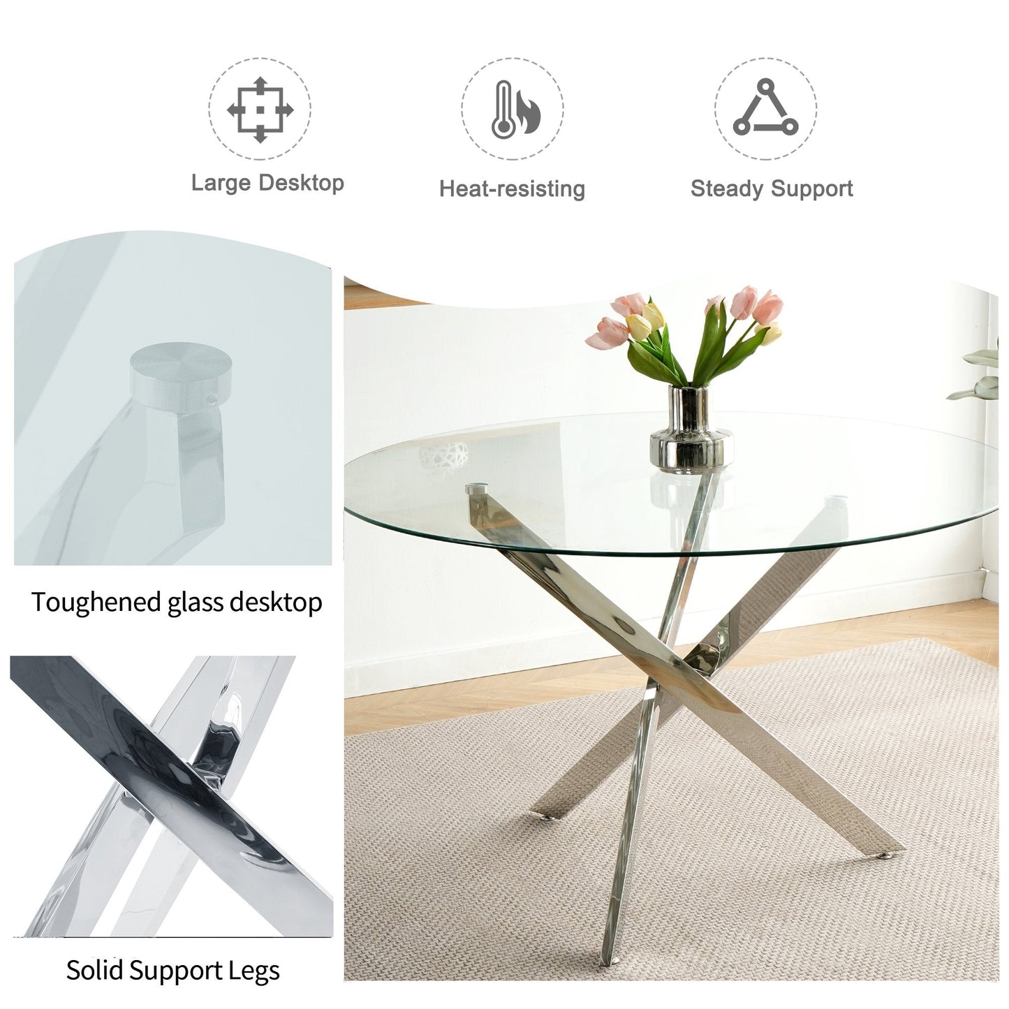 47" Modern Round Glass Dining Table Set with 4 PU Leather Chairs,Silver Base Glass Table with 4 Gray Chairs with Black Leg