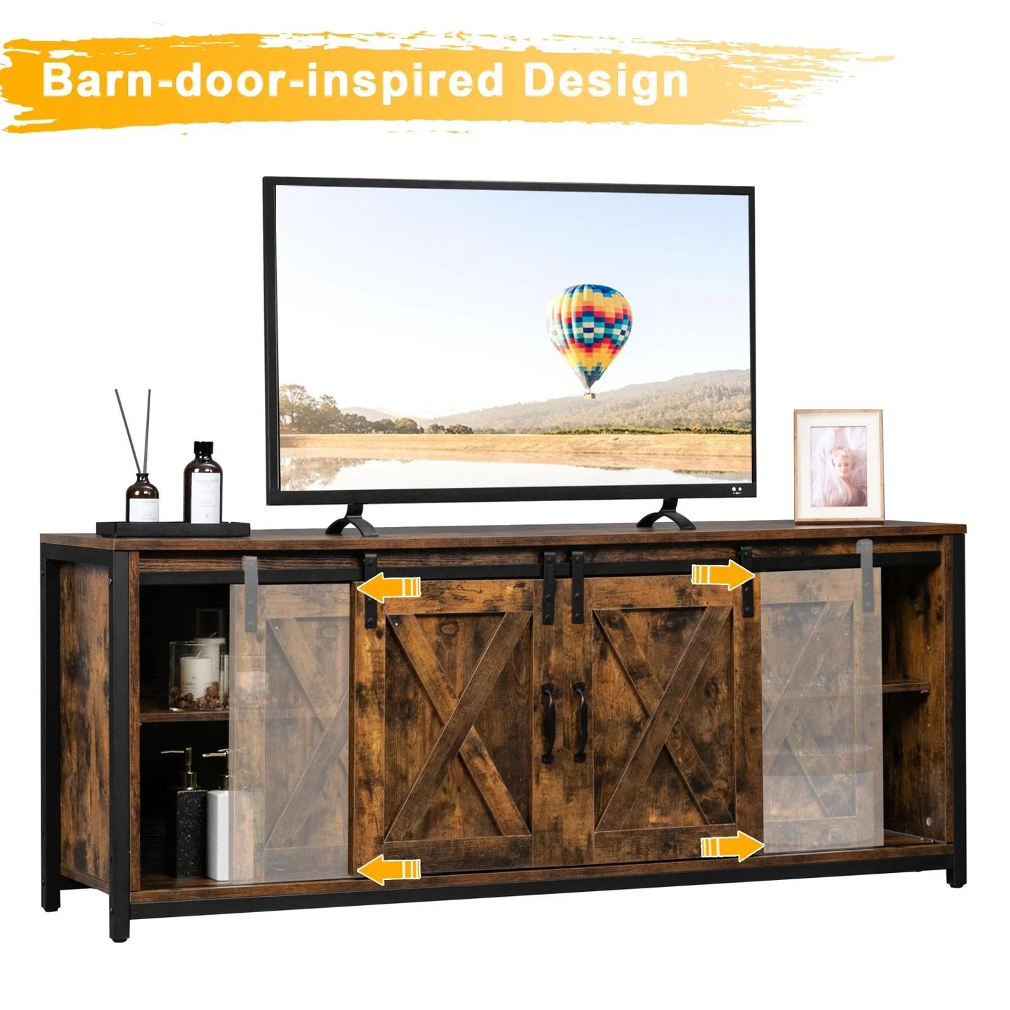 Ktaxon Farmhouse TV Stand for 65'' TVs, Rustic Natural Brown Entertainment Center, Barn Doors TV Cabinet with Storage Cubes Furniture
