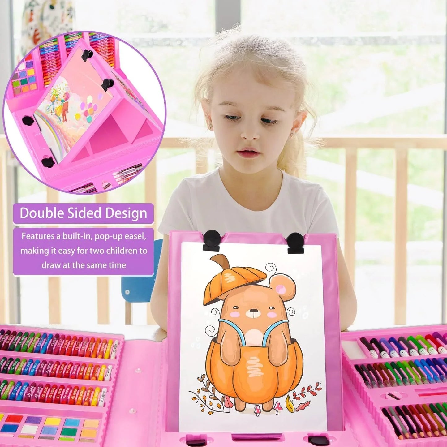 208 PCS Art Supplies, Drawing Art Kit for Kids Adults Art Set with Double Sided Trifold Easel, Oil Pastels, Crayons, Colored Pencils, Watercolor Pens Gift for Girls Boys Artist, Pink