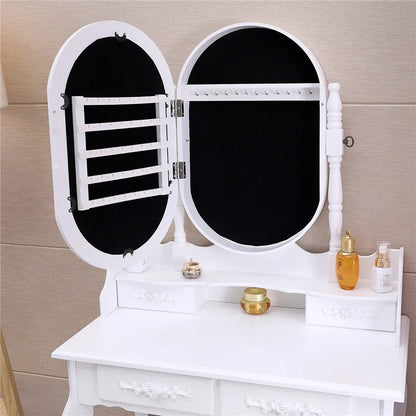 Ktaxon Vanity Jewelry Wooden Makeup Dressing Table Set W/Stool Mirror Cabinet &4 Drawer
