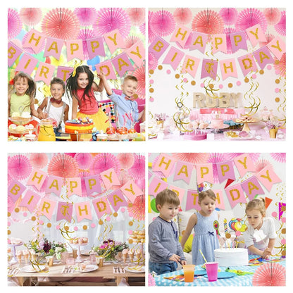 Pink Gold Birthday Decorations, Happy Birthday Banner with Hanging Honeycomb Paper Fans Circle Garland Swirl Streamers for Girls Women Party Supplies