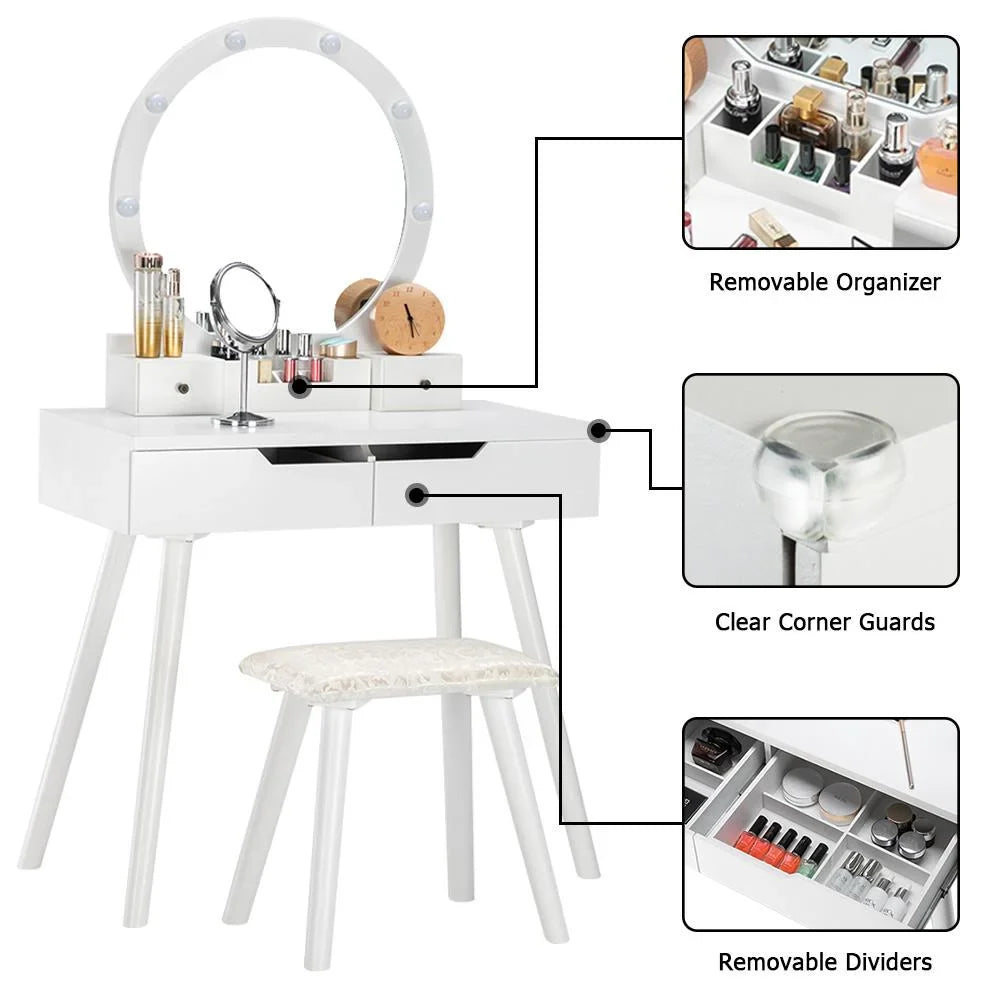 Ktaxon Vanity Set with Round Lighted Mirror, Makeup Dressing Table with 8 Light Bulbs & Cushioned Stool Set,Bedroom Vanities Set White