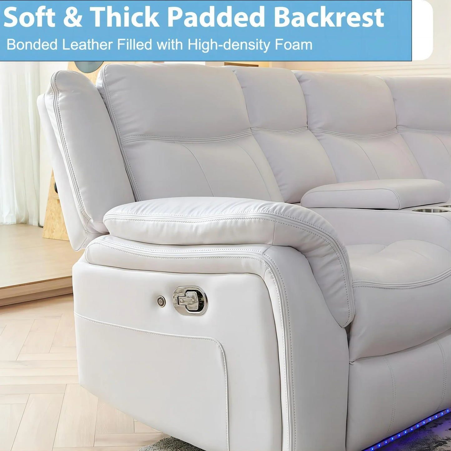 ELIASER Manual Recliner Sofa Sets with LED Lights,Faux Leather Reclining Sectional Couch for Living Room Furniture Sets with USB Port,Storage Console Cup Holders White