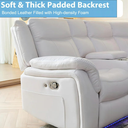 ELIASER Manual Recliner Sofa Sets with LED Lights,Faux Leather Reclining Sectional Couch for Living Room Furniture Sets with USB Port,Storage Console Cup Holders White