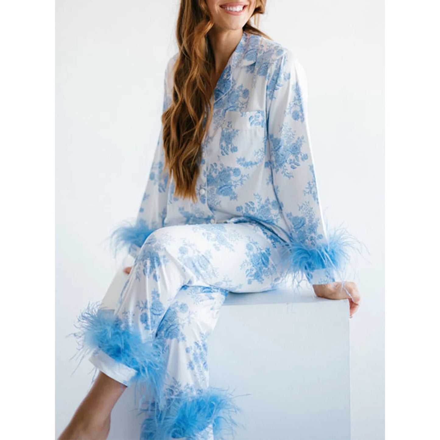 Pajamas Set Women's Long Sleeve Tops Sleepwear Soft Satin Silk Button Down Loungewear Comfy Pjs Shorts Set Homewear