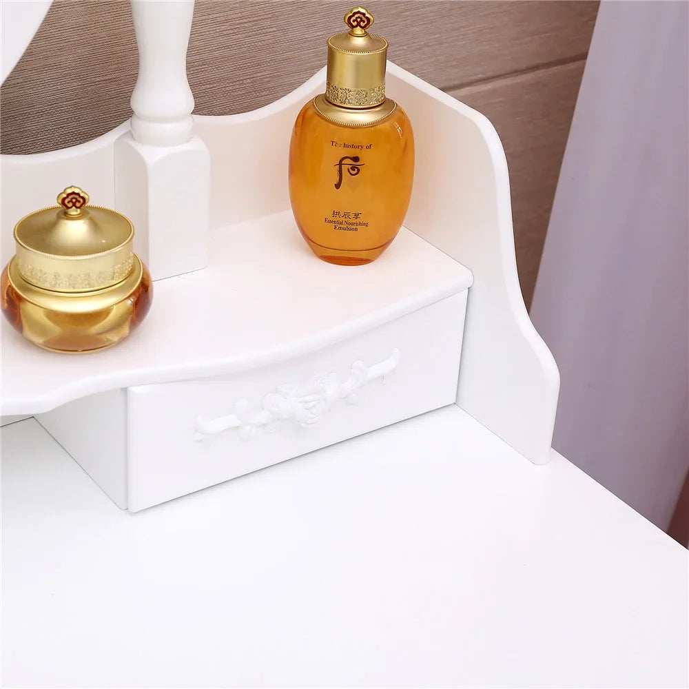 Ktaxon Elegance White Dressing Table Vanity Table and Stool Set Wood Makeup Desk with 4 Drawers & Lighted LED Touch Screen Mirror