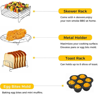 Air Fryer Accessories - 8 Inch Set of 10 Pcs Compatible for Ninja Foodi Cosori instant Pot, Fit 4 - 6.8QT Accessories for Air Fryer with Cake Pan, Pizza Pan, Air Fryer Liner (Set of 10)