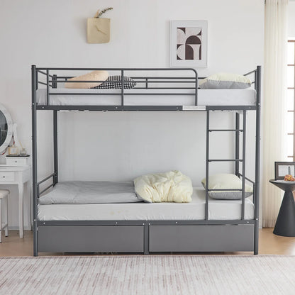 Ktaxon Metal Twin over Twin Bunk Bed with 2 Drawer & 2 Ladders for Bedroom, Gray