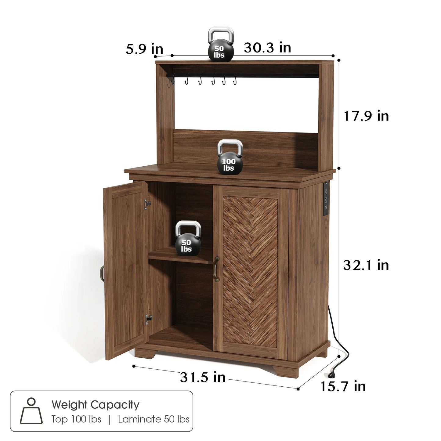 JOINICE Farmhouse Coffee Bar Cabinet,Charging Station,6 Hooks and Adjustable Shelf, Walnut