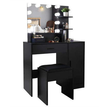 Ktaxon Vanity Set with 3 Color Lighted Mirror, Makeup Table with 3 Storage Shelves & Drawers, Dressing Table Makeup Desk with Stool,Black