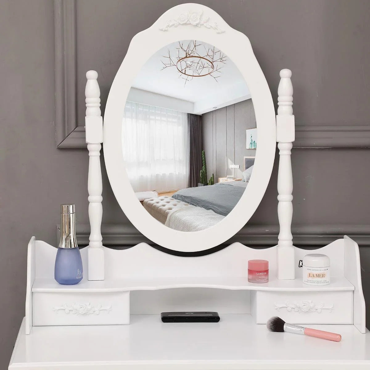 Ktaxon Elegance White Dressing Table Vanity Table and Stool Set Wood Makeup Desk with 4 Drawers & Mirror