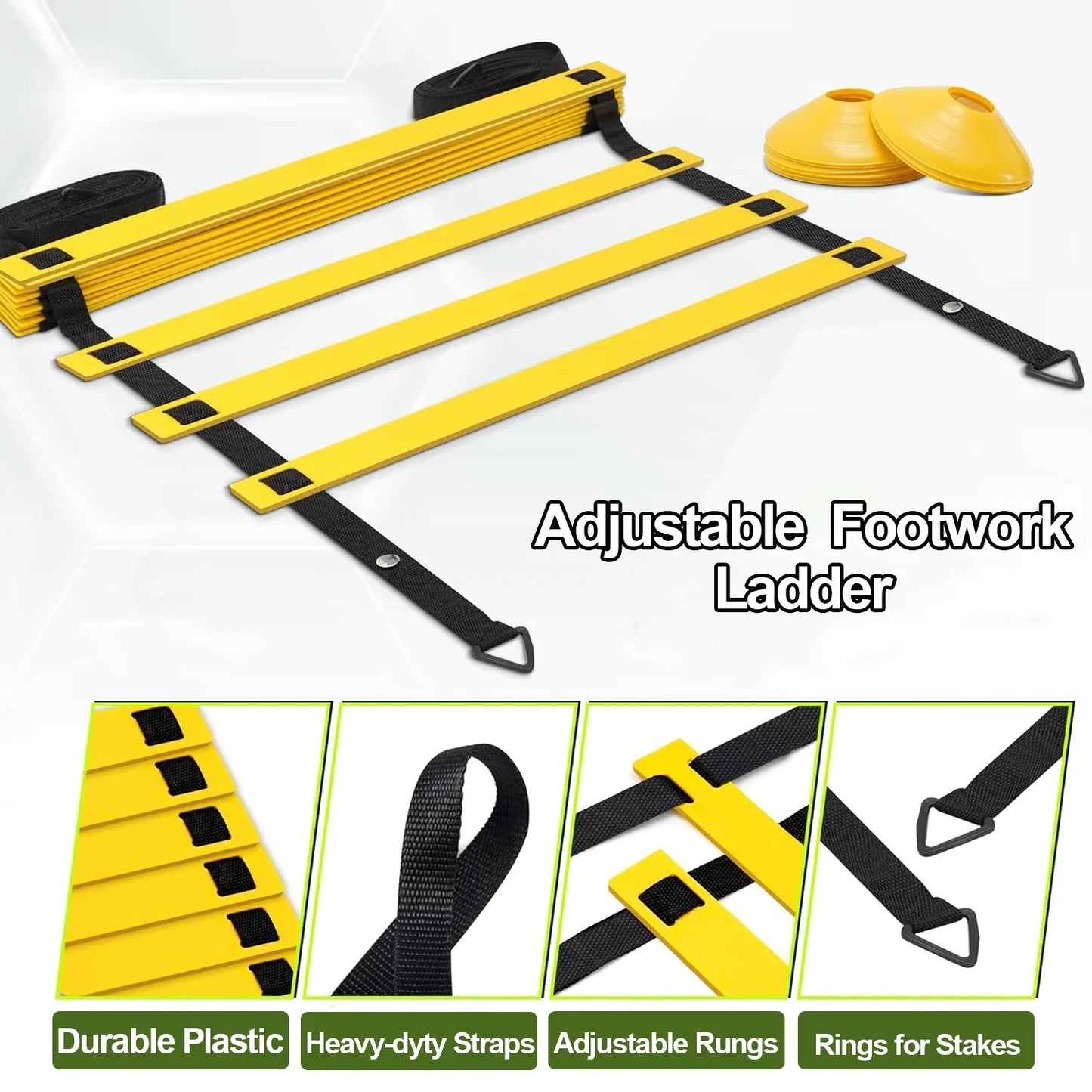 Speed Agility Training Kit-Includes 12 Rung 20ft Adjustable Agility Ladder with Carrying Bag, 12 Disc Cones, 4 Steel Stakes, 1 Resistance Parachute,Footwork Skills Drill Gear for Football and Soccer