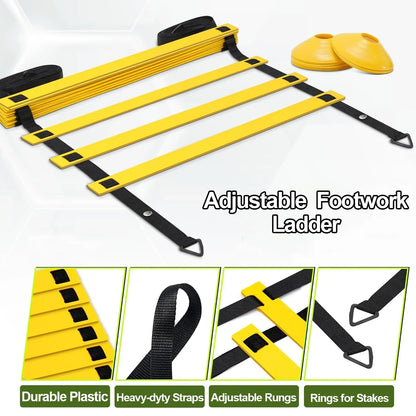 Speed Agility Training Kit-Includes 12 Rung 20ft Adjustable Agility Ladder with Carrying Bag, 12 Disc Cones, 4 Steel Stakes, 1 Resistance Parachute,Footwork Skills Drill Gear for Football and Soccer