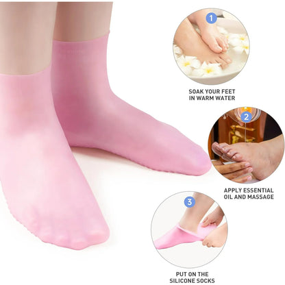 Aphlos Long Silicone Socks 2 Pairs, Moisturizing Socks, Soft Gel Socks for Dry Cracked Feet Women, Comfortable for Overnight Use & Spa Recovery (Pink & White)