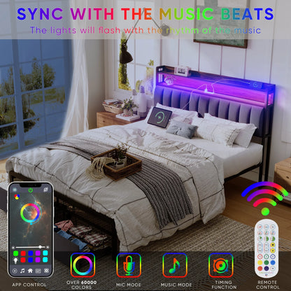 VLDTDRDI 1100LBS Queen Bed Frame with USB Charging Station,LED Upholstered Platform Bed Frame with Storage Headboard and 2 Drawers, Metal Queen Light up Bed Frame, Noise Free,Easy Assembly