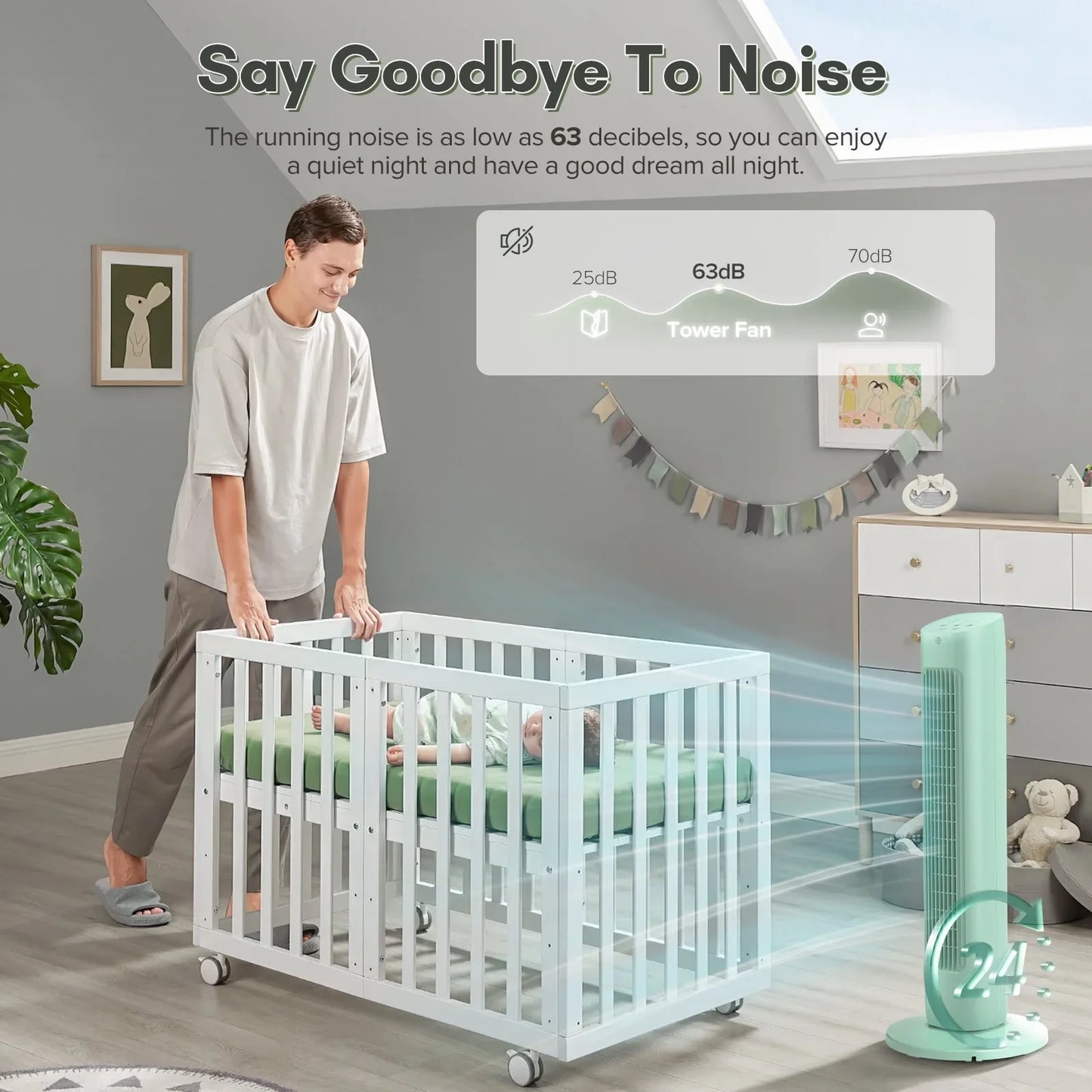 Havato Tower Fan for Bedroom, 85° Oscillating Fans, 3 Speeds, 15H Timer, 3-in-1 Fan Modes, Normal/Natural/Sleep Fan Modes, Green