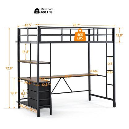 Ktaxon Twin Loft Bed with L Shaped Desk for Kids Teens, Metal Bunk Bed with 3 Storage Drawers, Metal Bed Frame, Black