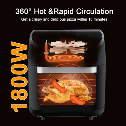 Jacgood XL 13QT Multifunctional Digital Air Fryer+ Rotisserie, Dehydrator, Convection Oven, 10 Touch Screen Presets Fry, Roast, Dehydrate, Bake, Large Family Size，Easy-View Window, Black