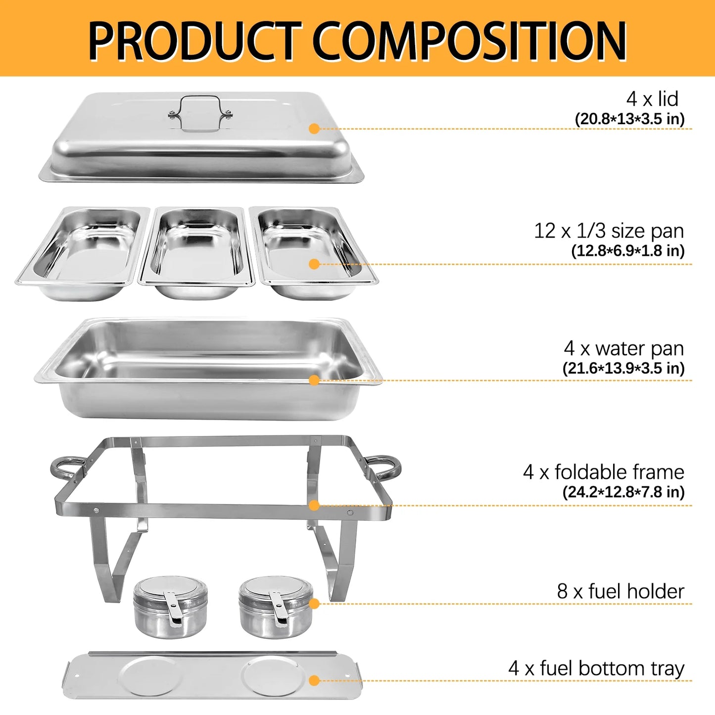 Jacgood Chafing Dish Buffet Chafer Set 4 Packs 8 Qt. Foldable Rectangular Stainless Steel Chafer Set with 1/3 Size Food Pans