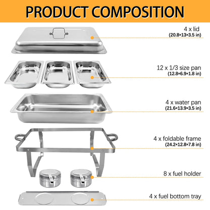 Jacgood Chafing Dish Buffet Chafer Set 4 Packs 8 Qt. Foldable Rectangular Stainless Steel Chafer Set with 1/3 Size Food Pans