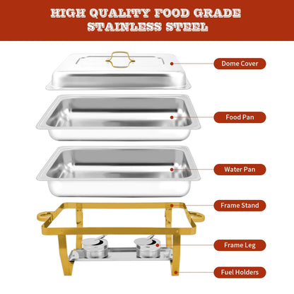 PRIJESSE Chafing Dishes for Buffet 4 Pack,9QT Elegant Gold and Silver Colors Stainless Steel Chafing Dish Buffet Set Chafers and Buffet Warmers Sets for Any Party with Complete Set
