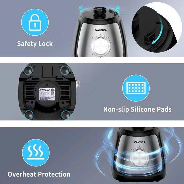 VAVSEA 1000W Countertop Blender for Shake and Smoothies, 5 Speed Kitchen Blender with 51oz Glass Jar & 20oz Travel Cup, for Ice Crush Fruit Protein Drinks Vegetable, Silver