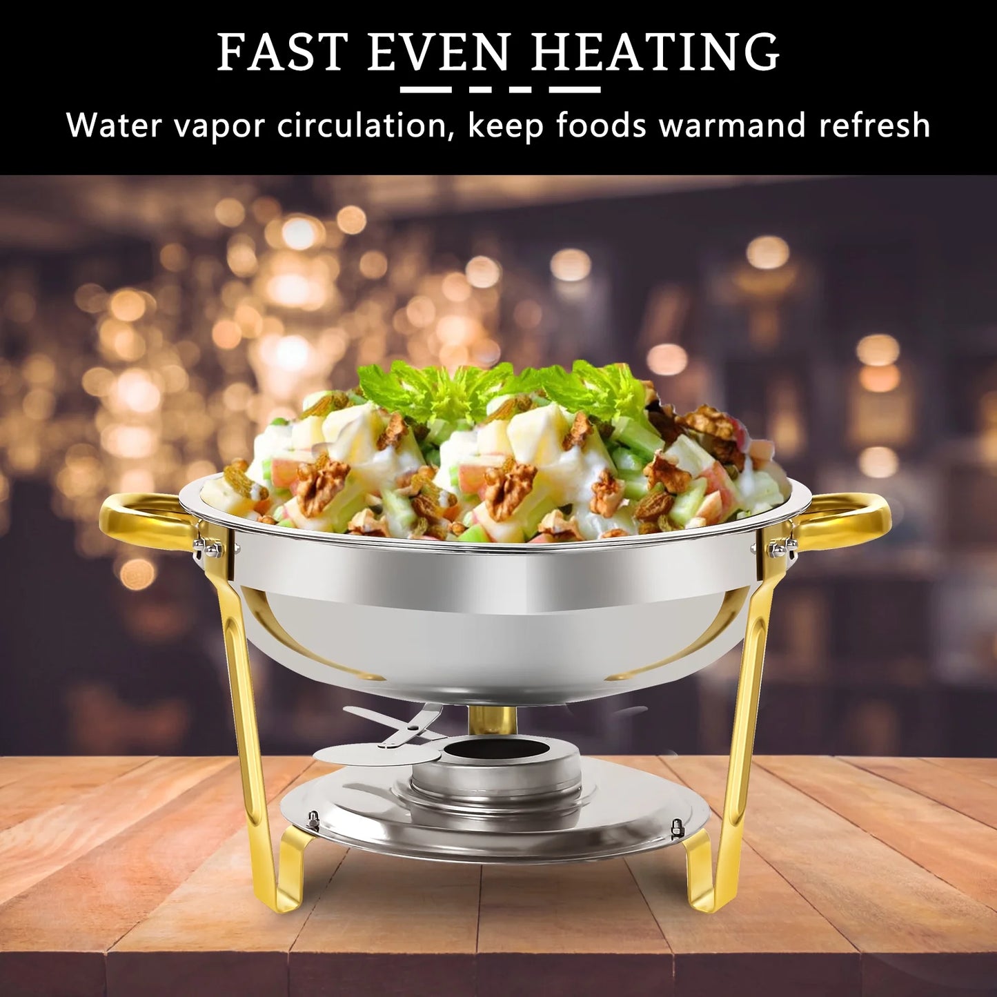 PRIJESSE 5 Qt Gold Chafing Dishes for Buffet with Stainless Steel Lid, Round Chafing Dish Buffet Set with Food and Water Pans for Catering, Parties, Hotels and Weddings, 4 Pack