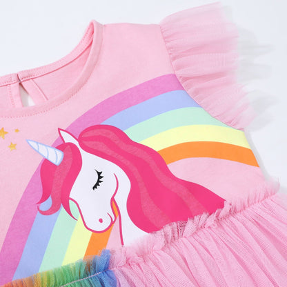 HILEELANG Baby Girl Easter Dresses Short Ruffle Sleeve Cotton Tulle Tutu Pink Unicon Birthday Party Dresses 2T