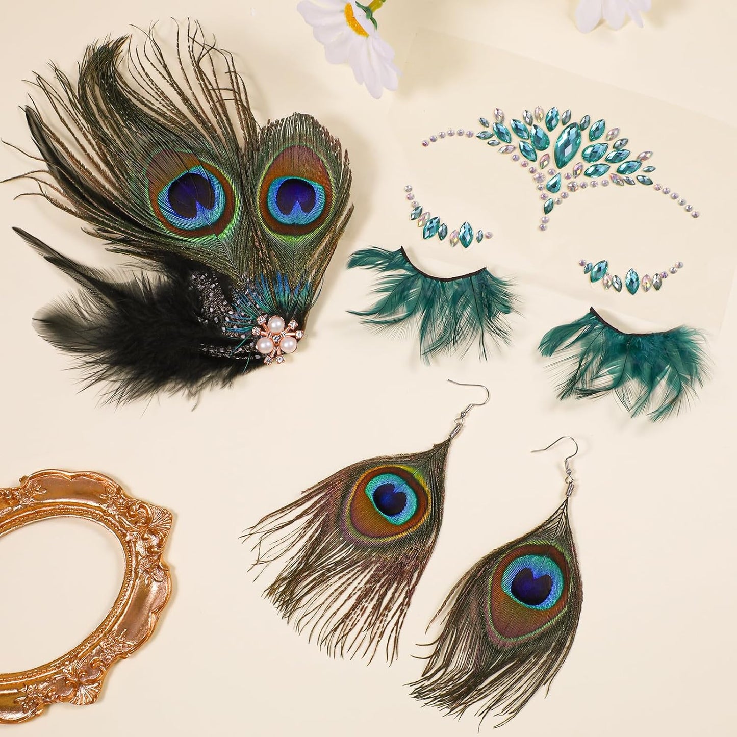Peacock Feather Jewelry Set for Women Girls, Green Fascinator Feather Clip Earring Big Eyelashes and Glitter Face Jewels Makeup Stickers for Halloween Carnival Festival Party Hair Face Decorations