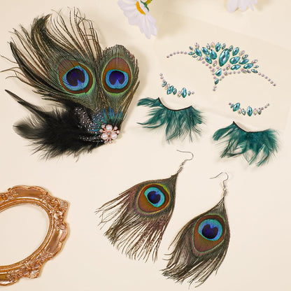 Peacock Feather Jewelry Set for Women Girls, Green Fascinator Feather Clip Earring Big Eyelashes and Glitter Face Jewels Makeup Stickers for Halloween Carnival Festival Party Hair Face Decorations