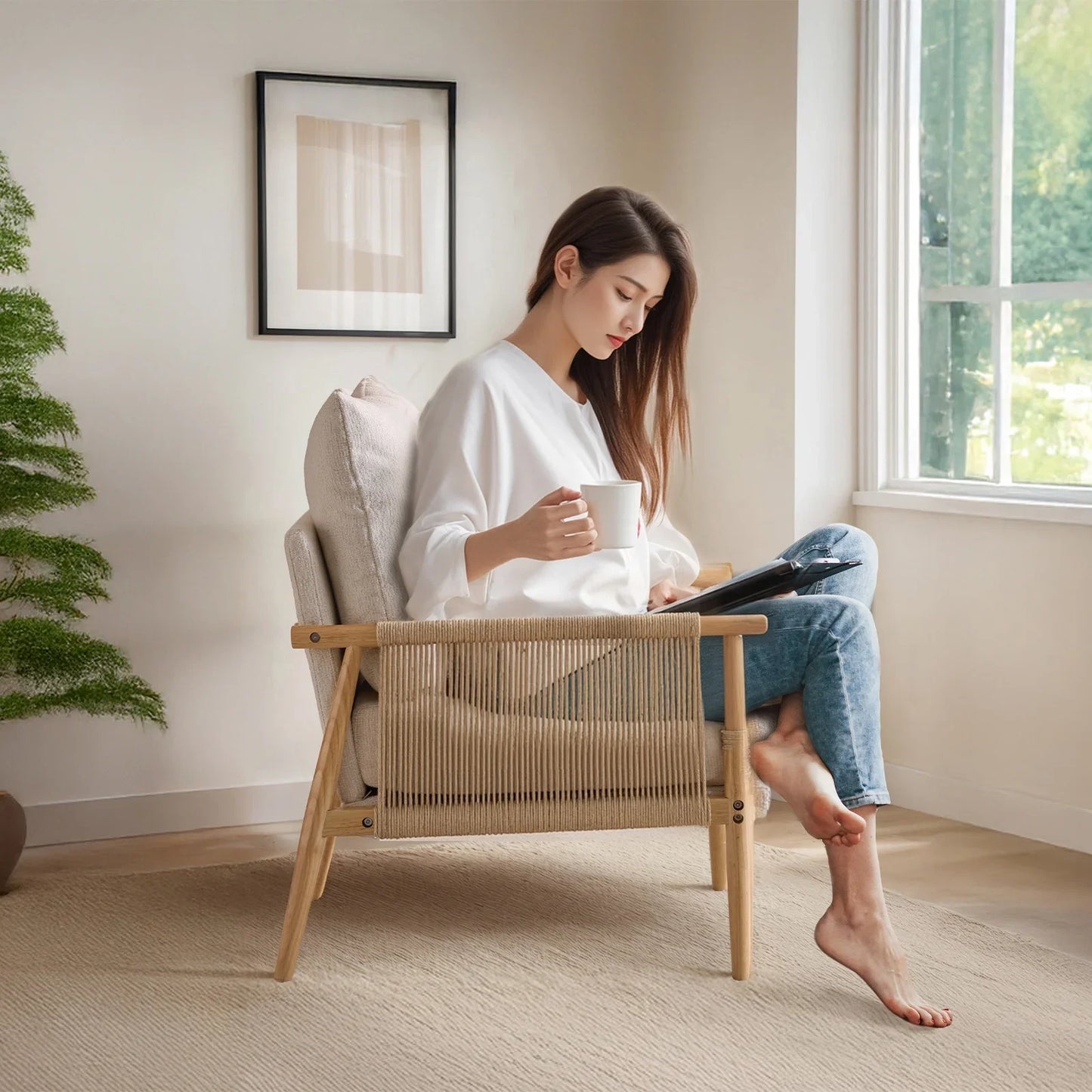 Zimtown Modern Accent Chair, Upholstered Armchair with Wooden Frame & Chenille Fabric, Comfy Lounge Chair for Living Room, Bedroom, Cream White