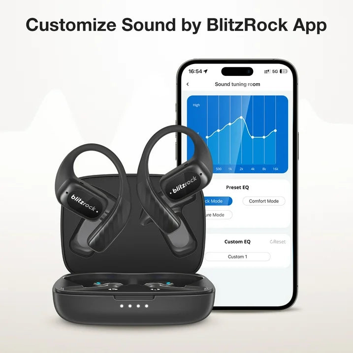 BlitzRock Open Ear Wireless Earbuds, APP Support, Deep Bass, Bluetooth V5.4 Headphone, IPX5 Waterproof Sport Earphone