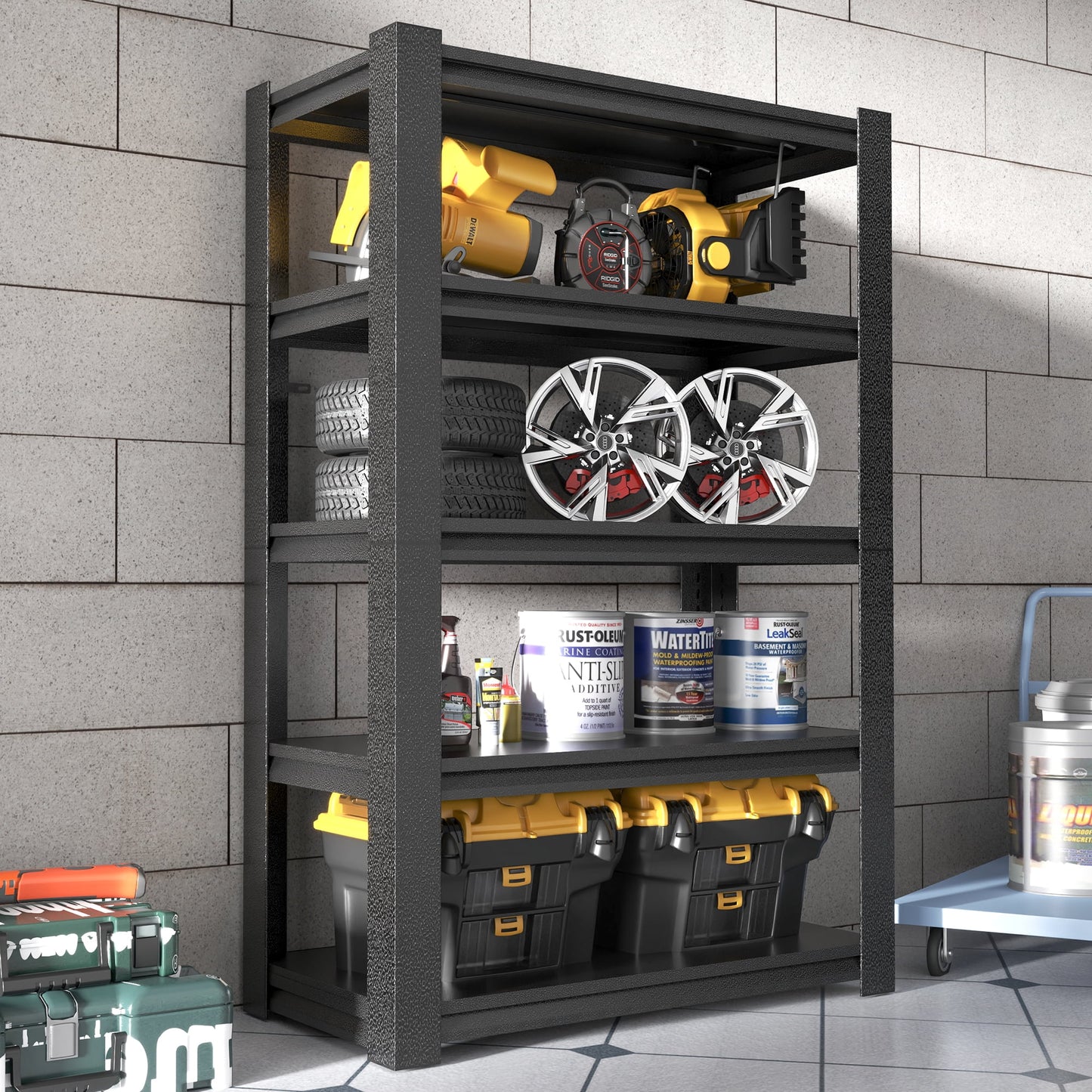 IKIMI 5-Tier Metal Storage Shelves for Garage, 16" D*36" W*72" H, Black, Assembly Required