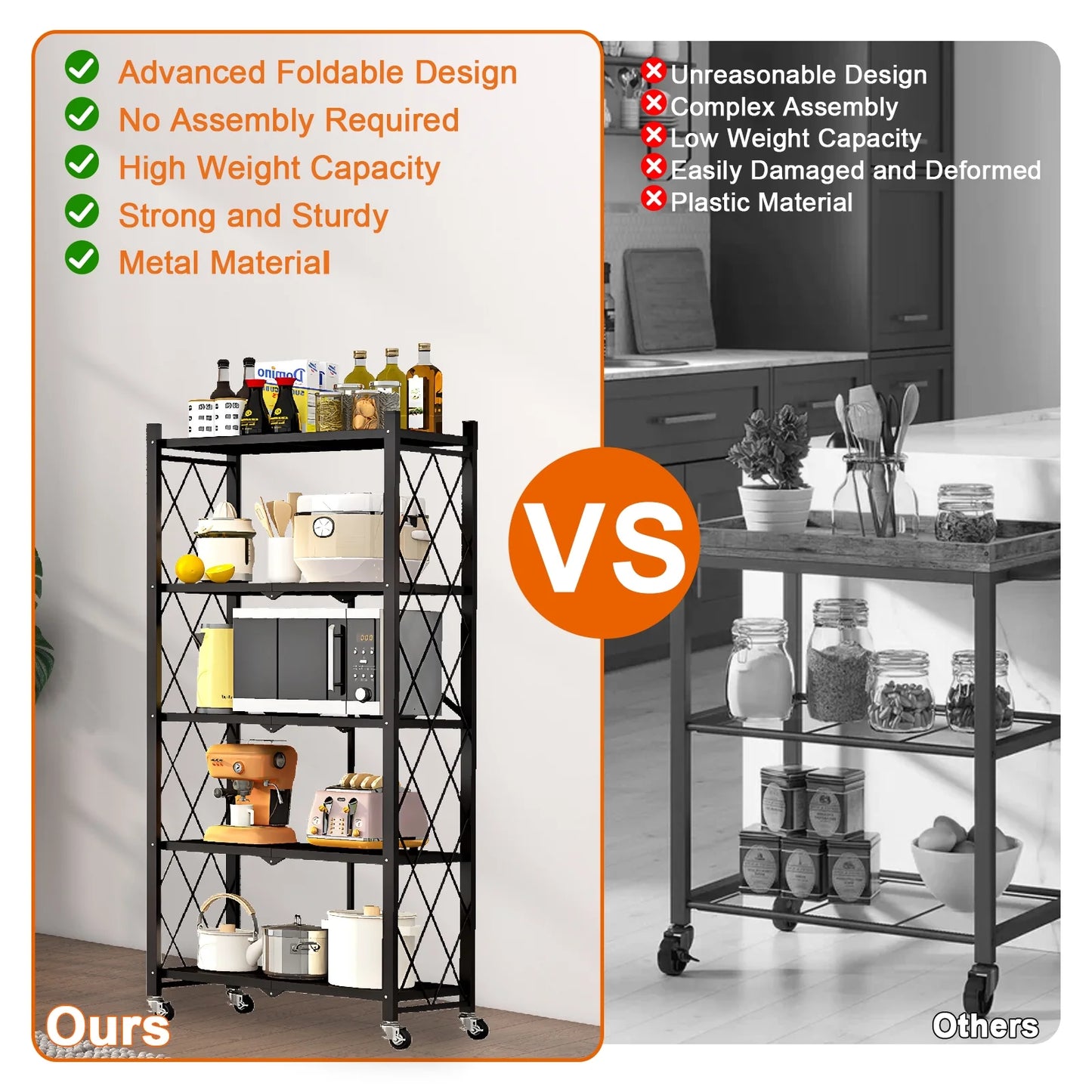 PRIJESSE 5-Tier Foldable Storage Shelves Metal Rack Heavy-Duty Storage Shelf Supporting 330LBS Loads Black