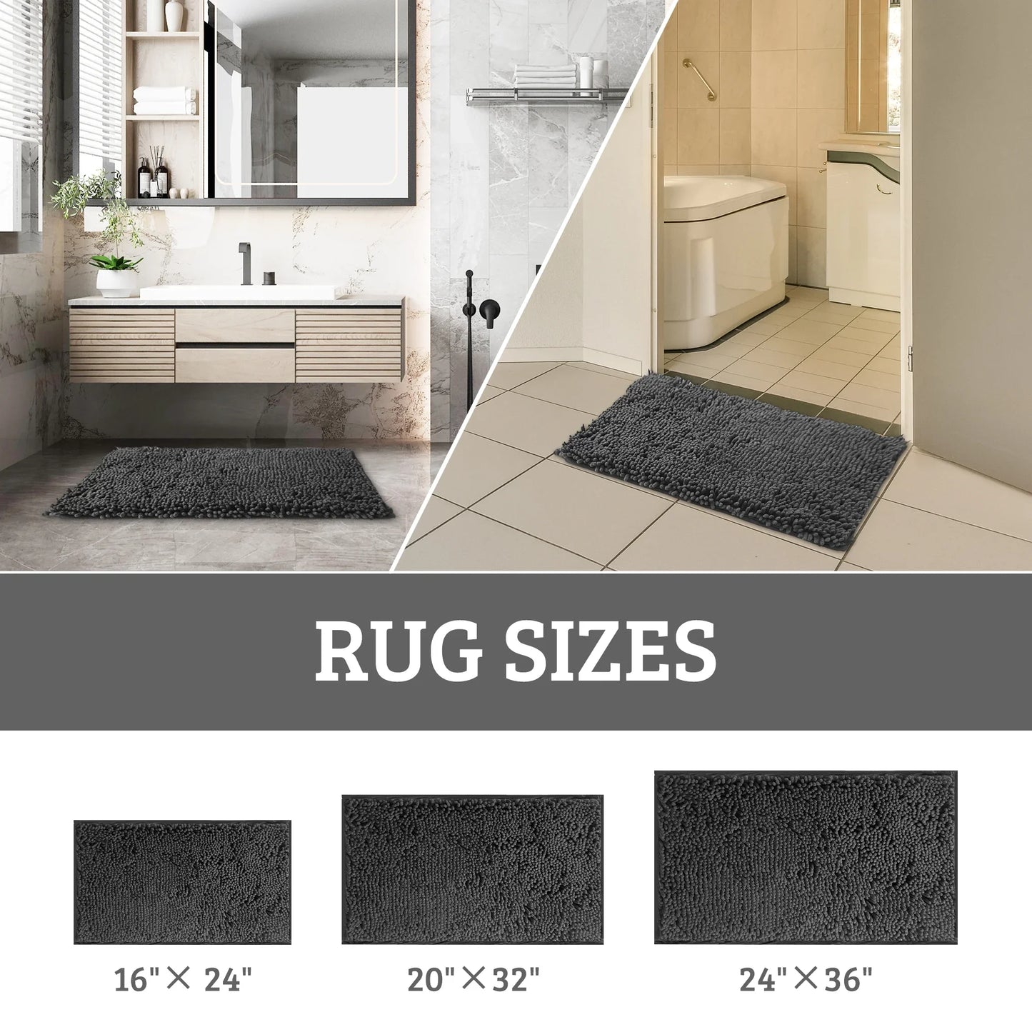 GTNSHUAI Extra Thick Luxury Chenille Bathroom Rug, Non-Slip Absorbent Bath Mat, 16 x 24, Dark Gray