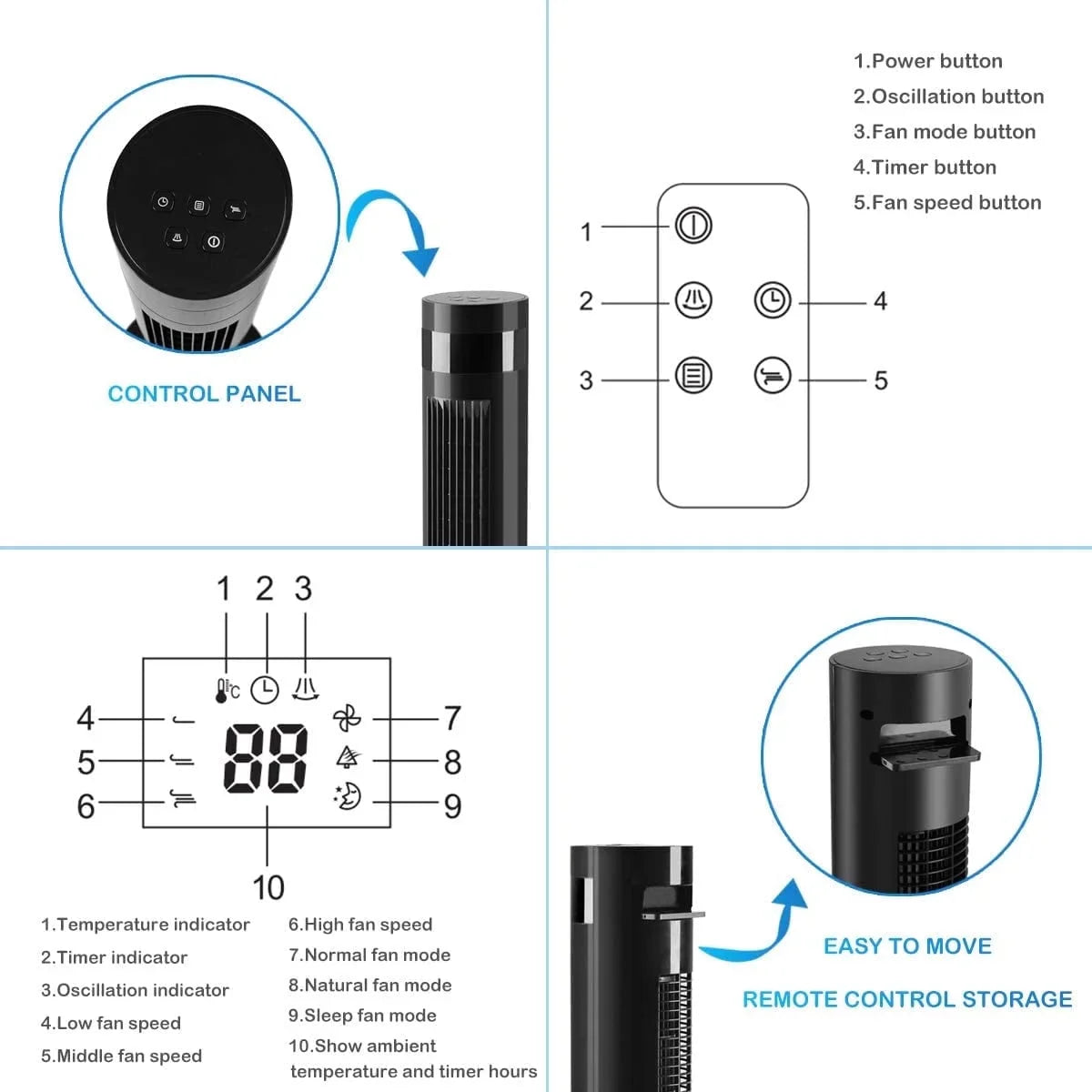 Havato Tower Fan Portable Floor Fans with Oscillation, Remote Control, 3 Speeds Wind 3 Modes, up to 12 H Timer Bladeless Standing Fan, Portable for Home, Dormitory or Office(43 inch, White)