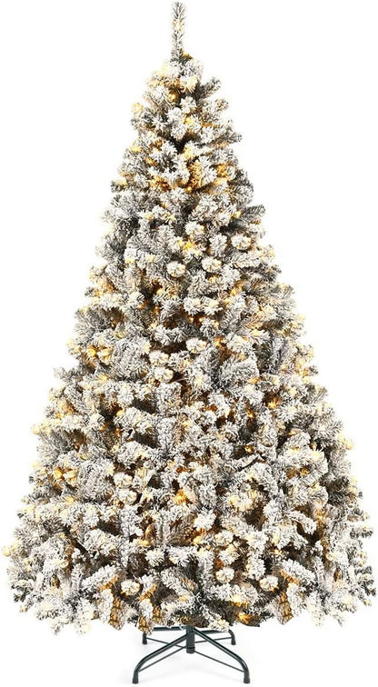 7.5ft Snow Flocked Artificial Holiday Christmas Pine Tree for Home, Office, Party Decoration With Warm Lights