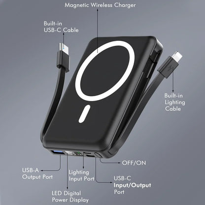 Podoru Wireless Portable Charger, 10000mAh Magnetic Power Bank Built-in USB C Lighting Cables 22.5W PD Fast Charging LED Display Battery Pack for for iPhone 16/15/14/13/12 - Black