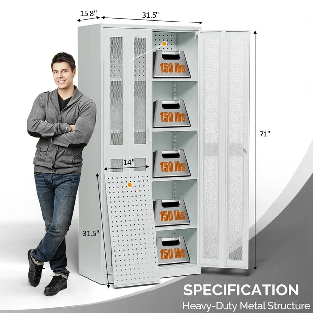 Ktaxon 71"H Metal Garage Storage Cabinet with 2 Mesh Doors, Garage Tool Storage Cabinet with Pegboards and 4 Adjustable Shelves, Locking Steel Tool Cabinets for Garage, Office, Workshop, Warehouse