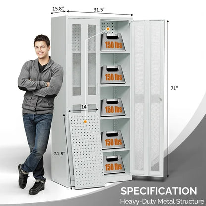 Ktaxon 71"H Metal Garage Storage Cabinet with 2 Mesh Doors, Garage Tool Storage Cabinet with Pegboards and 4 Adjustable Shelves, Locking Steel Tool Cabinets for Garage, Office, Workshop, Warehouse