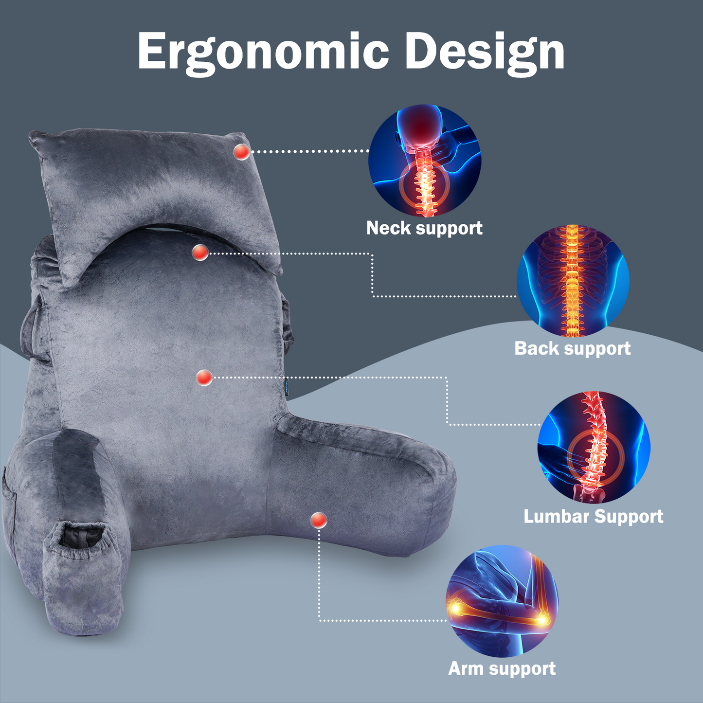 Reading Pillow, Extra Large 31" Back Support Pillow with Detachable Neck Roll, Bed Rest Pillow with Arms, 4 Pockets for Bed Rest Reading Watching TV Gaming