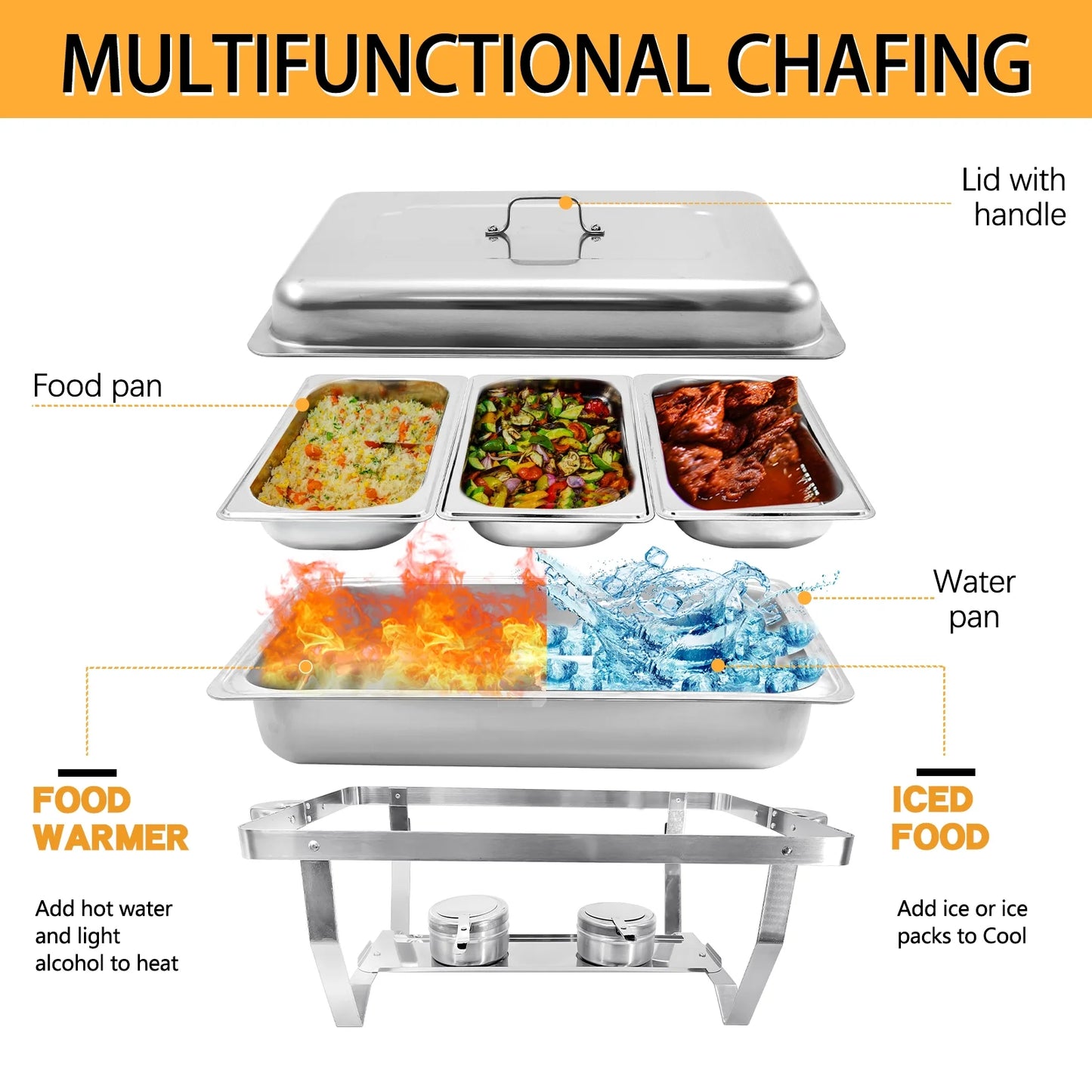 Jacgood Chafing Dish Buffet Chafer Set 4 Packs 8 Qt. Foldable Rectangular Stainless Steel Chafer Set with 1/3 Size Food Pans
