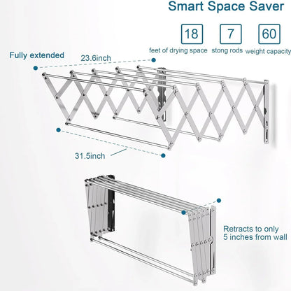 Katinyos Expandable Retractable Clothes Drying Rack, 7 Bar Space-Saving Aluminum Alloys Laundry Drying Rack, Towel Rack Wall Mounted for Laundry, Utility Room, Bathroom